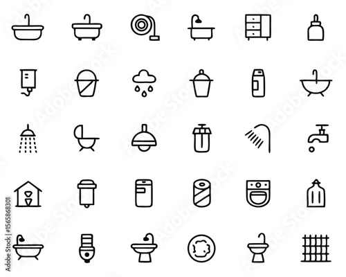 Comprehensive collection of essential bathroom fixtures and amenities featuring a washbasin toilet and shower presented in a clean and modern graphic style for various applications