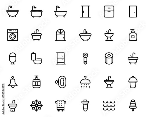 Comprehensive collection of essential bathroom fixtures and amenities featuring a washbasin toilet and shower presented as a clean graphic element for design projects