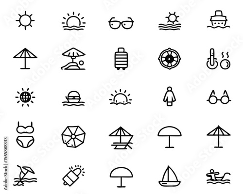 Thin line graphic symbol depicting a person relaxing on a beach under the sun perfect for summer vacation or travel themes