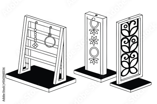 Black and white line art display of jewelry and ornamental stands in isometric perspective view for design elements