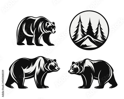 Collection of diverse bear poses showcasing standing walking and resting silhouettes in a bold graphic style for creative projects