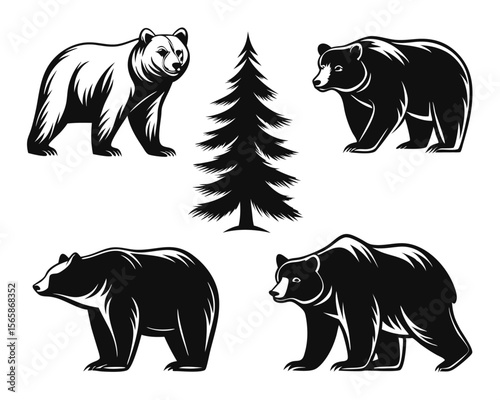 Collection of diverse bear figures showcasing various stances and activities rendered in a bold graphic style with distinct color separations for versatile design applications