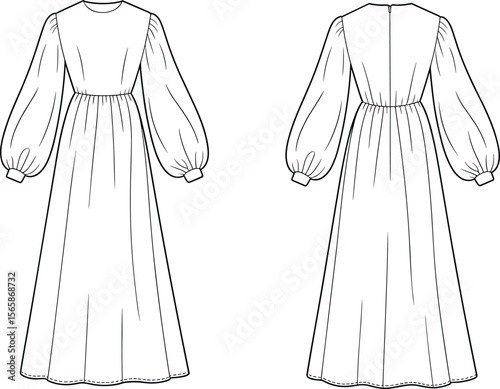 Long puff sleeve maxi dress fashion flat, gathered waist technical sketch, vector cad template, front back view illustration design