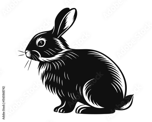 A striking black profile outline of a graceful rabbit presented cleanly on a pure white backdrop perfect for diverse creative applications