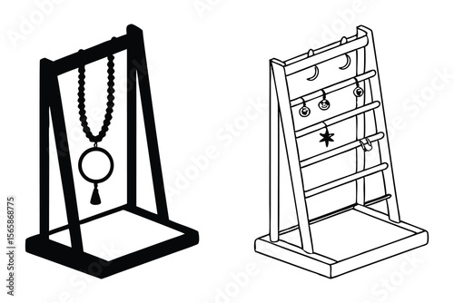 Black and white line art vector illustration of jewelry display stands with necklaces earrings and pendants on display.