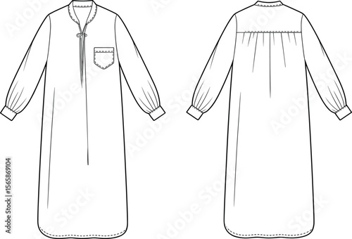 Long sleeve loose kaftan dress flat sketch with pocket detail, neckline tie, front and back CAD fashion vector illustration