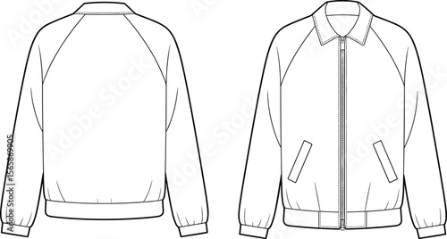 Men's bomber jacket front and back view, fashion technical flat sketch, zipper closure, ribbed hem and cuffs, vector template