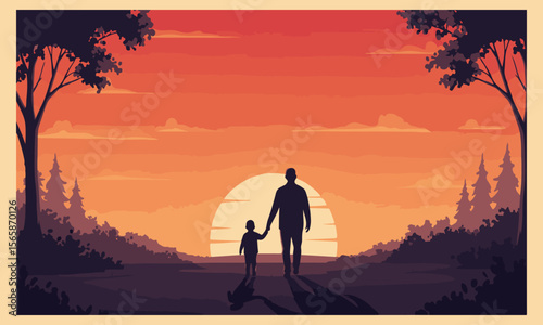 Silhouette of a father walking with his child at sunset. Perfect for Father's Day cards, posters, or parenting blogs
