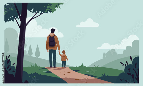 Father and child in scenic outdoor background. Ideal for editorial use, web banners, or celebration visuals