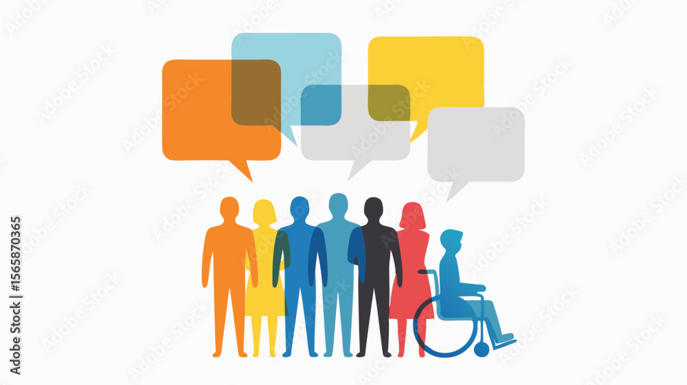 Colorful Diverse Group of People with Speech Bubbles, Including Wheelchair User Illustration on White Background Colorful Diverse Group of People with Speech Bubbles, Including Wheelchair User Illustration on White Background