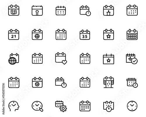 A comprehensive collection of thin line icons representing various calendar and event related concepts perfect for digital interfaces and informational graphics