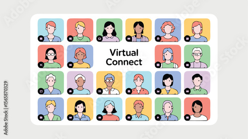 Colorful Cartoon Avatars in a Virtual Connect Meeting Interface with Different Status Icons