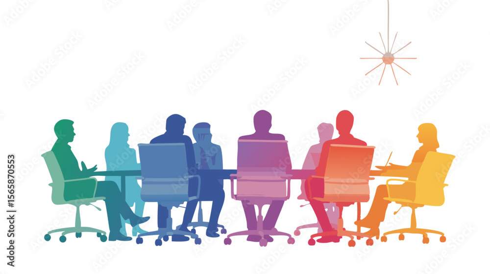 Colorful Silhouettes of Business People in Meeting Around Table With a Modern Chandelier Colorful Silhouettes of Business People in Meeting Around Table With a Modern Chandelier