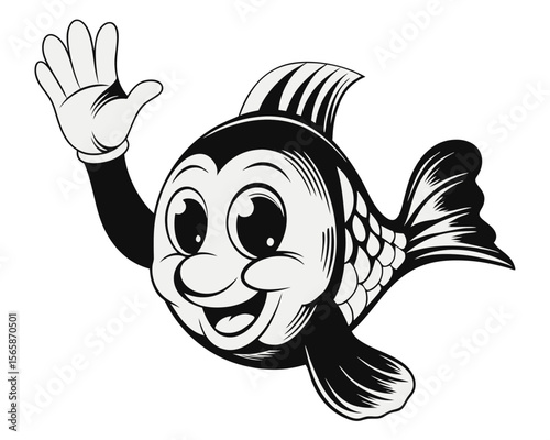 Friendly cartoon fish character design cheerfully waving hello with a bright and engaging personality perfect for aquatic themes and playful branding