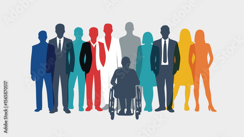 Colorful Silhouette Illustration of Diverse Business Professionals with Person in Wheelchair for Inclusion and Accessibility