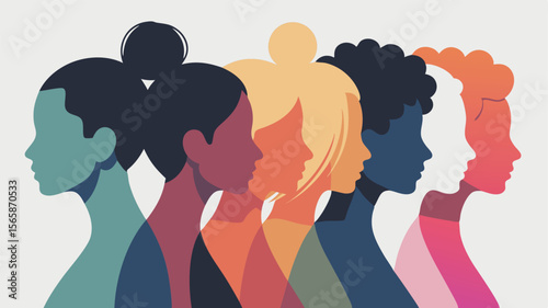 Colorful Silhouette Illustration of Diverse Women Standing Together in Unity and Solidarity Representing Empowerment