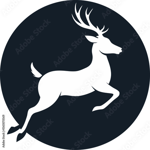 Leaping deer against a circular background, silhouette with white background.