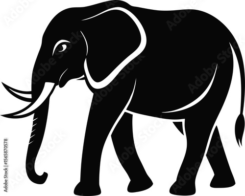 Majestic elephant walking side profile, monochrome vector with white background.