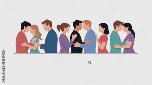Diverse Couples Embracing, Side View, Depicting Love, Unity, and Intimacy in Harmonious Composition