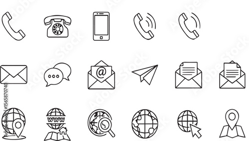 Contact methods line art icons, phone call, message and location
