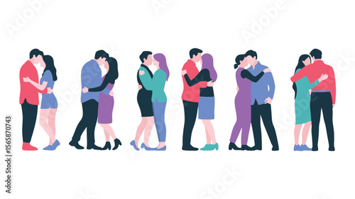 Diverse couples in love embrace and kiss, showing romance and intimacy with flat design