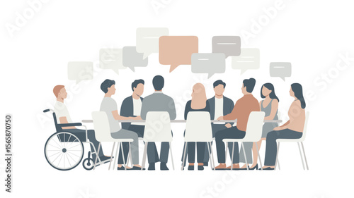 Diverse Group Having a Meeting Around a Table with Speech Bubbles Representing Open Discussion