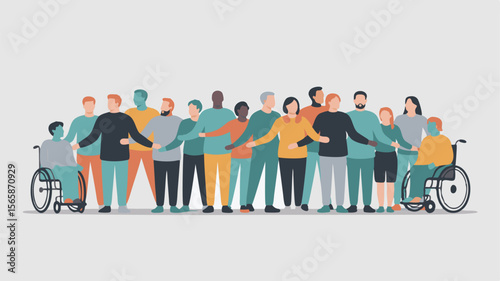 Diverse Group of People Standing Together with Arms Linked Including People in Wheelchairs