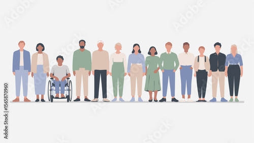 Diverse Group of People Standing Together, Including a Man in a Wheelchair, Isolated Illustration
