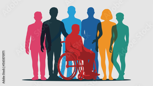 Diverse Group of People Standing Together, Including a Person in a Wheelchair, Equality and Inclusion