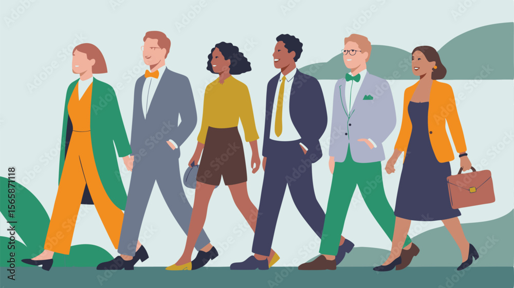 Fototapeta premium Diverse Professionals Walking Forward in Business Attire Teamwork, Career Success, and Progress Illustration