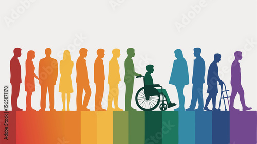 Diverse Silhouettes of People Including a Person in Wheelchair on a Rainbow Background