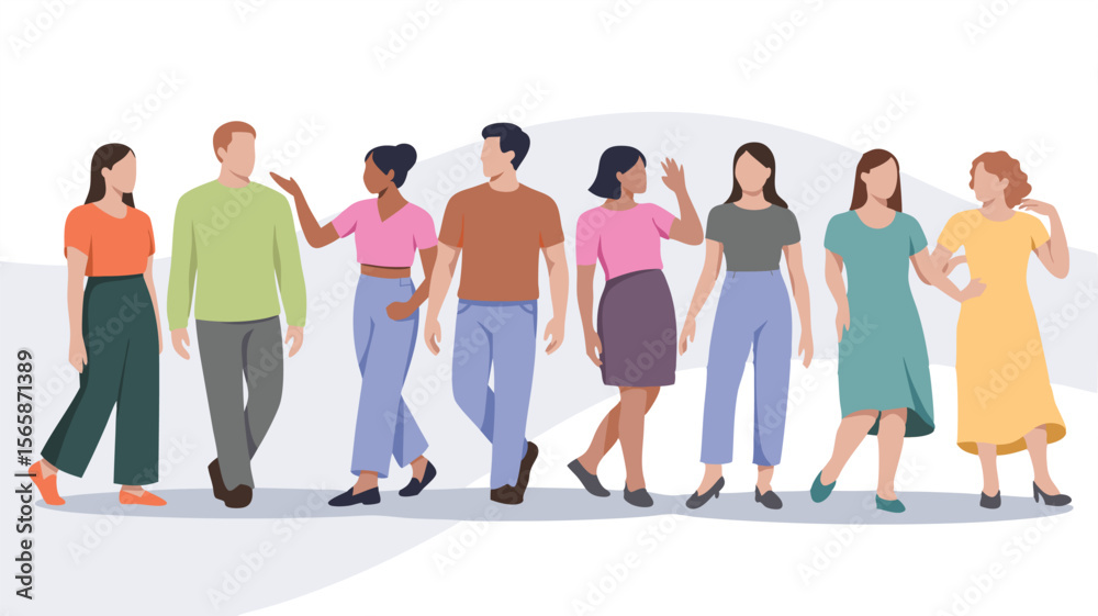 Fototapeta premium Group of Diverse People Walking Together, Illustration of Men and Women in Casual Wear