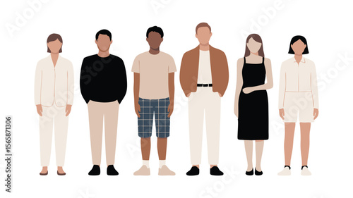 Flat Illustration of Diverse Adults in Casual Outfits, Standing in a Row on White Background