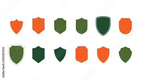 Green and Orange Shield Icons of Various Shapes on White Background Displayed in Two Rows