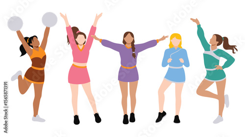 Group of Diverse Cheerleaders in Colorful Uniforms Performing Poses and Cheers