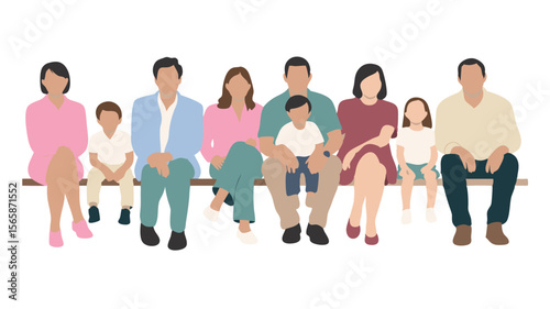 Illustration of Diverse Families with Children Sitting Together on a Bench in Style