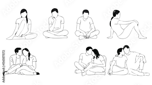 Line Art Illustration Solitary Figures Meditating and Couples Embracing, All Seated and Relaxed