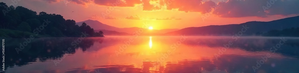 Obraz premium Serene sunrise over a tranquil lake, perfect for peaceful prayer or meditation backgrounds Ideal for websites, apps, or social media Use for spiritual, religious, or wellness content , quiet, peace