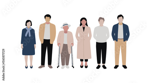 Stylized of Six People Standing Together, Including an Elderly Woman with Crutches