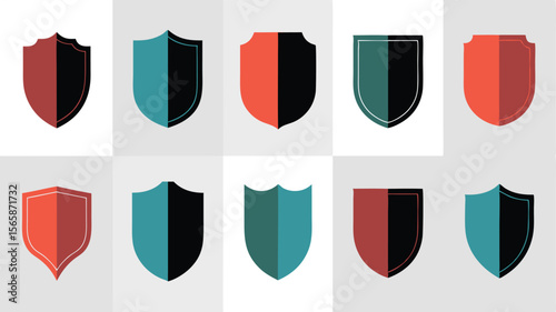 Ten TwoToned Shield Icons in Red, Teal, Green and Black, Lined Up on Two Rows