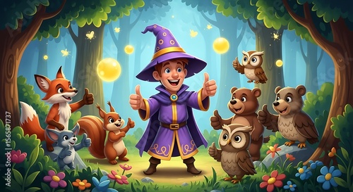 Enchanted Forest Young Wizard with Forest Friends Illustration