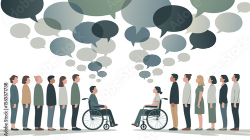 Two Groups Discussing with DifferentlyAbled Individuals in Wheelchairs, Illustration with Speech Bubbles
