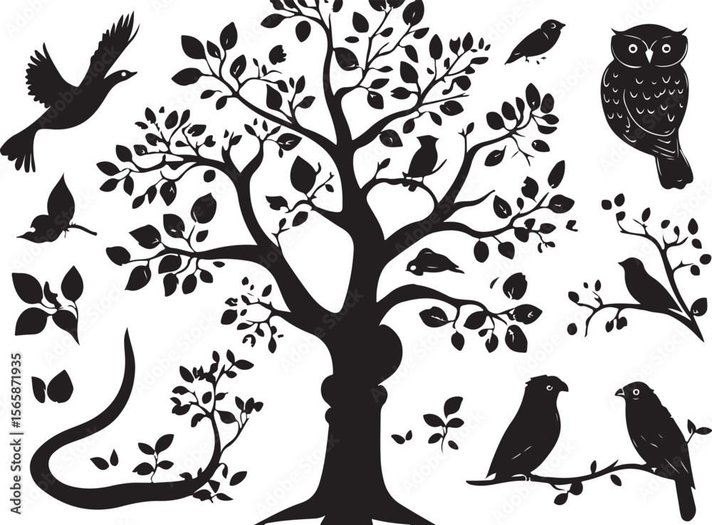Obraz premium vector set of trees and birds, tree, nature, branch, vector, silhouette, leaf, plant, illustration, design, bird, art, black, animal, spring, trunk, flower, flora, drawing, growth, summer, floral