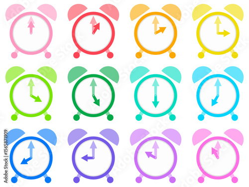 目覚まし時計のアイコン 0時〜12時までのカラフル12色セット