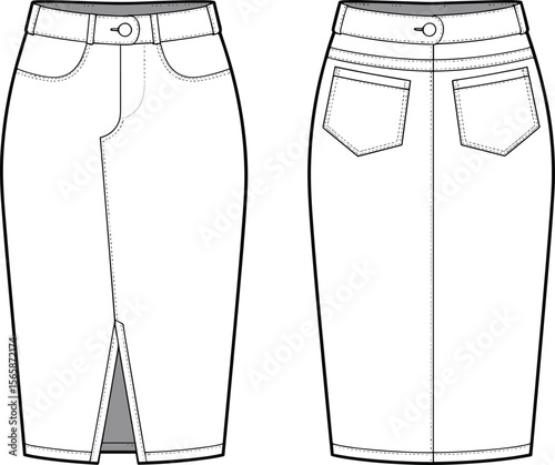 Pencil skirt flat fashion sketch, front and back technical drawing, denim style, cad template, clothing design vector illustration