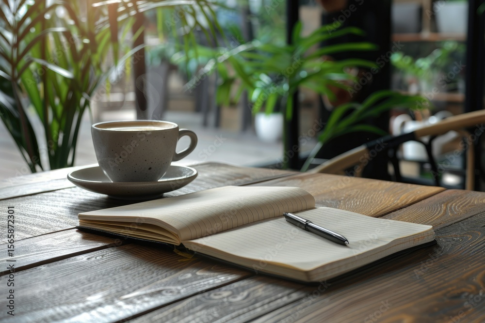 Sharp Image of a Table with a Notebook Coffee and a Notebook on it Sharp Image of a Table with a Notebook Coffee and a Notebook on it