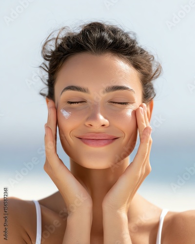 relaxed sunscreen care Happy woman applying skincare cream outdoors, enjoying the sun and nurturing her skin with joy. relaxed sunscreen care