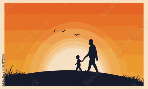 Vintage-inspired vector of father and child holding hands. Great for greeting cards, banners, or t-shirts