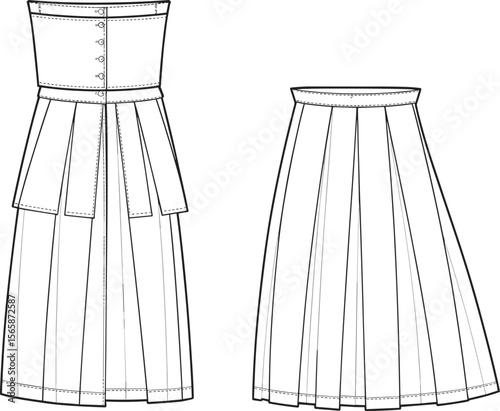 Pleated long high waist fashion skirt with front back flat sketch, corset belt style, vector cad drawing fashion illustration