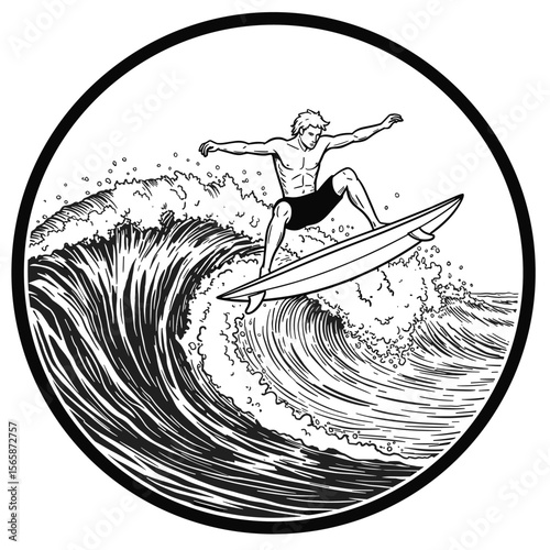 Black-and-white line art of a surfer launching off a powerful wave, frozen mid-air in a dynamic maneuver full of motion and energy.